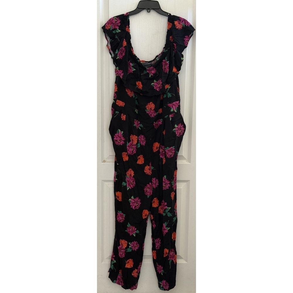 Torrid Black Floral Off The Shoulder Challis Jumpsuit Size 3x‎ Boho Pockets